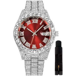 Mens XL Face Silver Red Iced-Out Bling Diamond Luxury Quartz Watches with Date